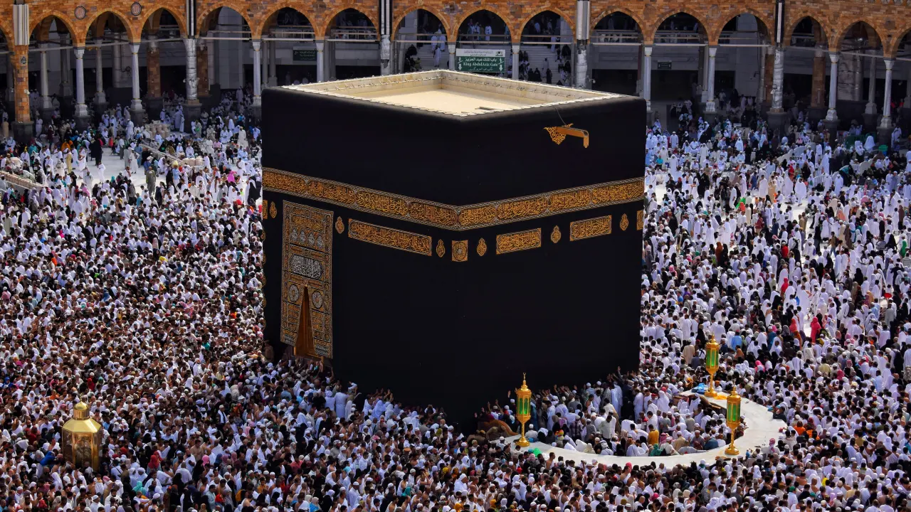 Pilgrims performing Tawaf around the Kaaba in Masjid al-Haram, Makkah